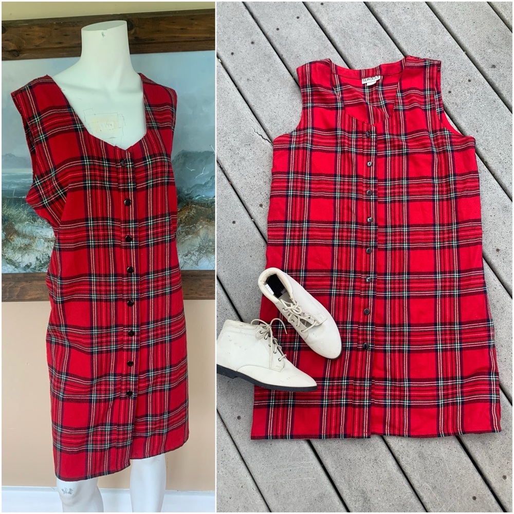 Vintage 90’s Plaid Pinafore Midi Dress | Sleeveless Midi Overall Slip Dress